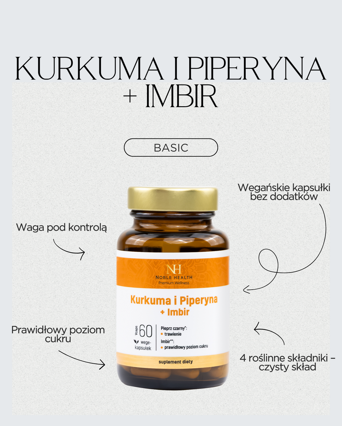 Suplemento dietético de cúrcuma e piperina + gengibre - Noble Health